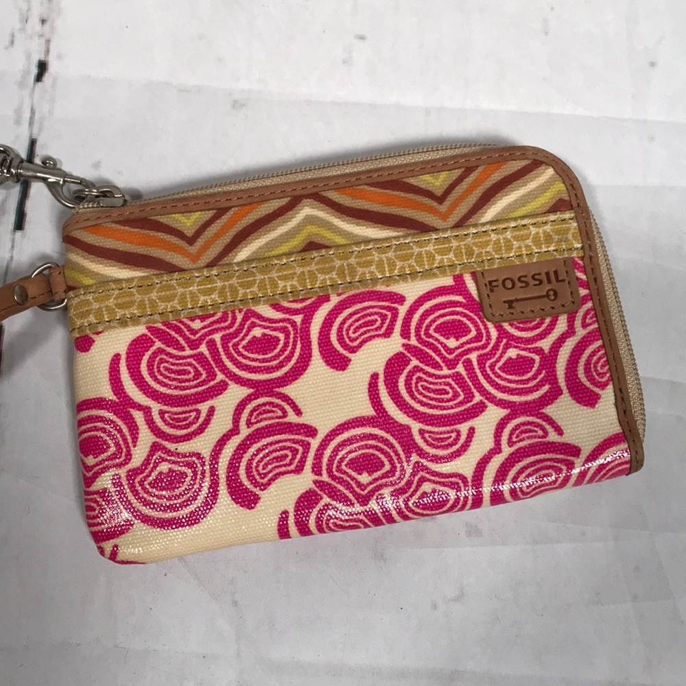 Fossil leather & coated canvas wristlet wallet Key-Per design Pockets Tan Pink